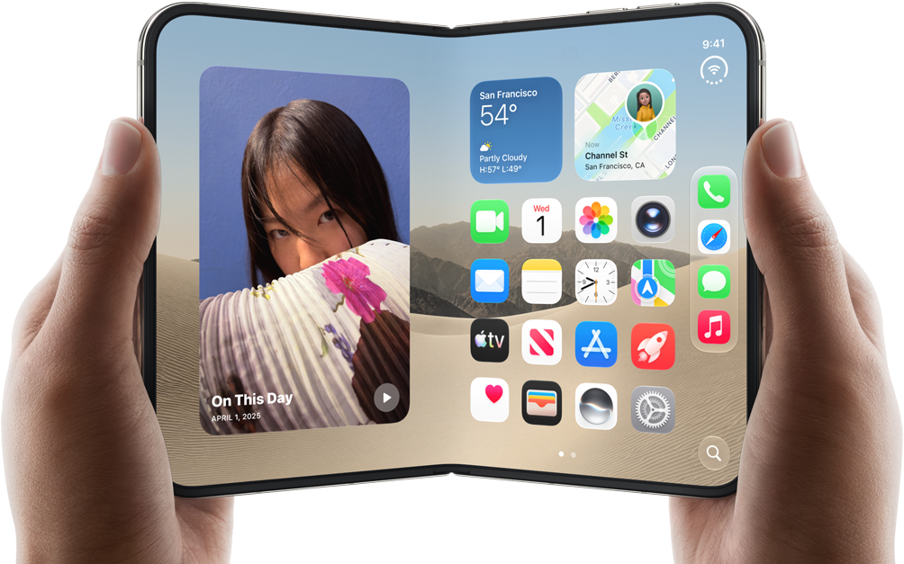 iPhone Duo, Star White colour, held by two hands in landscape orientation, unfolded, interior screen displays photos on the left, apps on the right