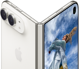 iPhone Duo, partially open like a book with hinge mechanism in the centre, exterior back panel on the left features an Apple logo and dual-camera, outer display on the right shows a portrait photo of a person with blonde hair