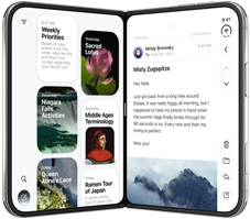 iPhone Duo, various positions: inverted open landscape orientation, unfolded at slight angle, exterior display, all-screen design. Slightly open like a book and standing upright. Open landscape orientation, unfolded at right angle, interior display, all-screen design