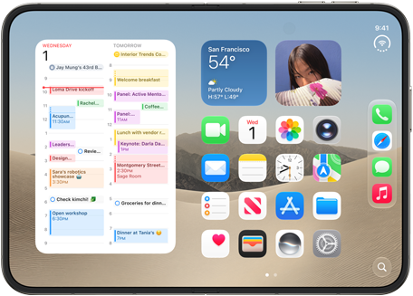 iPhone Duo, opened in landscape orientation, left show calendar widget, right shows iOS home screen