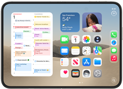 iPhone Duo, opened in landscape orientation, left show calendar widget, right shows iOS home screen