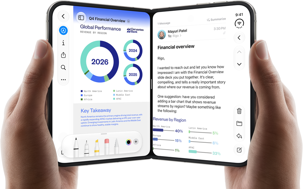 iPhone Duo, held by two hands in open landscape position, left shows a business document in Preview, right shows an email in Mail