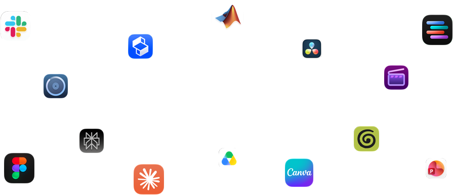 Various app glyphs are arranged around text that reads: Apps fly on macOS
