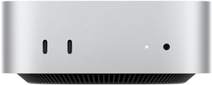 Mac mini, front view, silver enclosure, two USB-C ports, power button, status light, ventilation grill at the bottom