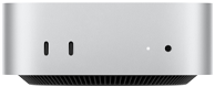Mac mini, front view, silver enclosure, two USB-C ports, power button, status light, ventilation grill at the bottom