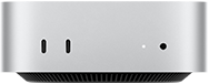 Mac mini, front view, silver enclosure, two USB-C ports, power button, status light, ventilation grill at the bottom