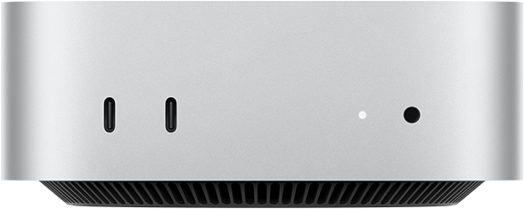 Mac mini, front, two Thunderbolt ports, status indicator light and headphone jack, tapered black base at bottom, flat top, rounded sides, straight edges, silver colour