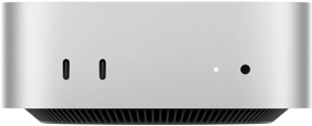 Mac mini, front, two Thunderbolt ports, status indicator light and headphone jack, tapered black base at bottom, flat top, rounded sides, straight edges, silver colour