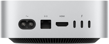 Mac mini, back, power socket, Ethernet port, HDMI port, three Thunderbolt ports