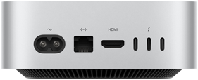 Mac mini, back, power socket, Ethernet port, HDMI port, three Thunderbolt ports