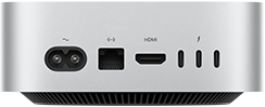Mac mini, back, power socket, Ethernet port, HDMI port, three Thunderbolt ports