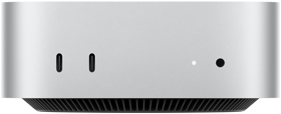 Mac mini, front, two Thunderbolt ports, status indicator light and headphone jack, tapered black base at bottom, flat top, rounded sides, straight edges, silver colour