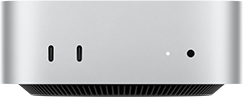 Mac mini, front, two Thunderbolt ports, status indicator light and headphone jack, tapered black base at bottom, flat top, rounded sides, straight edges, silver colour