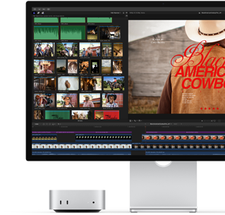 Mac mini paired with Studio Display, screen shows a title screen from a film called Black American Cowboy on the right, several image stills on the left