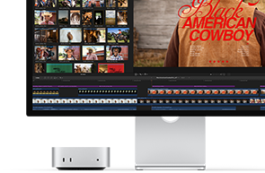 Mac mini paired with Studio Display, screen shows a title screen from a film called Black American Cowboy on the right, several image stills on the left