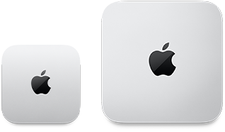 Two Mac mini devices, top, silver aluminium, rounded corners, glossy black Apple logo centred, device on left is updated release and less than half the size of device on right