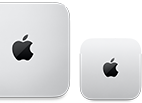 Two Mac mini devices, top, silver aluminium, rounded corners, glossy black Apple logo centred, device on left is updated release and less than half the size of device on right