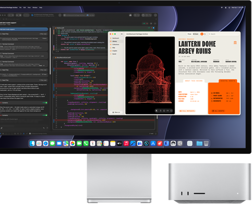 Studio Display XDR, screen shows document in process in Claude Agent in Xcode, Mac Studio, front view