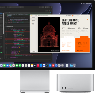 Studio Display XDR, screen shows document in process in Claude Agent in Xcode, Mac Studio, front view
