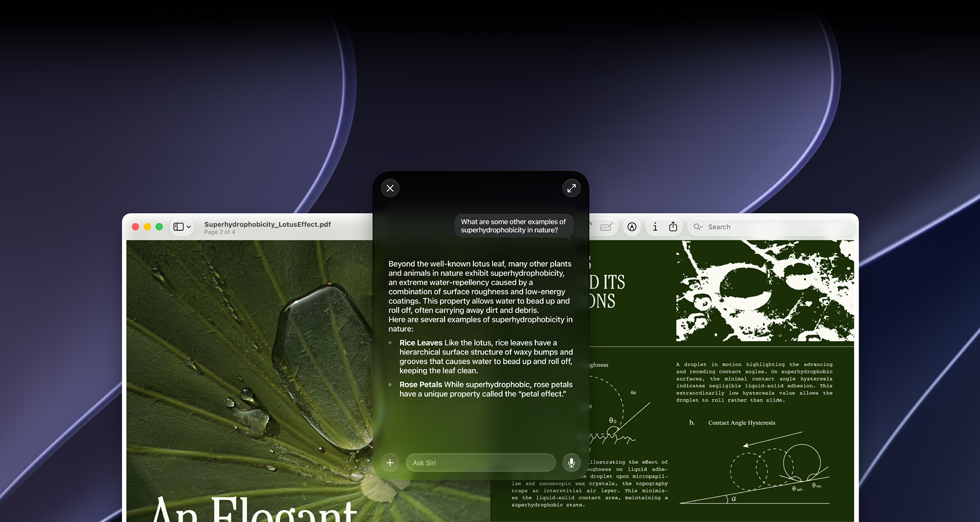 Siri and Visual Intelligence demo, user query for a topic in a PDF on a Mac screen, What are some other examples of superhydrophobicity in nature?, Siri response