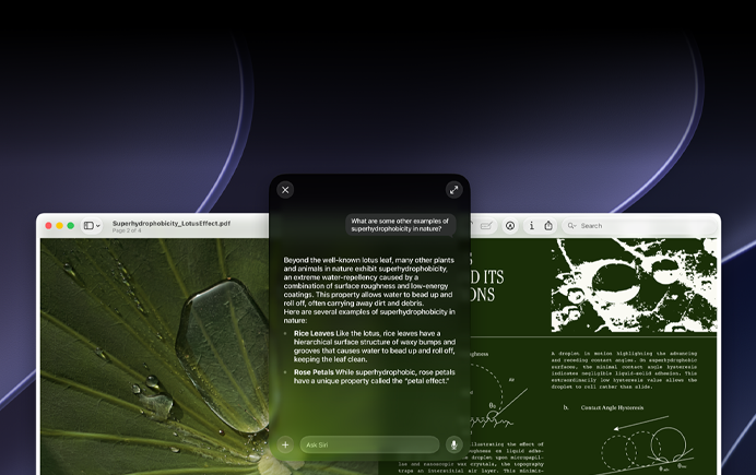 Siri and Visual Intelligence demo, user query for a topic in a PDF on a Mac screen, What are some other examples of superhydrophobicity in nature?, Siri response