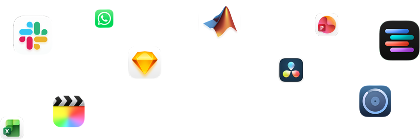 Various app glyphs are arranged around text that reads: Let your pro apps fly