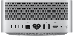 Mac Studio, back, perforated aluminium exhaust, four Thunderbolt 5 ports, one Ethernet, one power socket, two USB-A, one HDMI, one headphone jack and power button