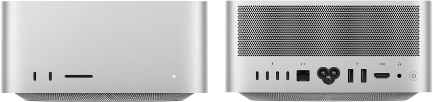 Mac Studio, front, two USB-C ports, SDXC card slot, status indicator light, tapered base at bottom, flat top, rounded sides, straight edges, silver colour, Mac Studio, back, perforated aluminium exhaust, four Thunderbolt 5 ports, one Ethernet, one power socket, two USB-A, one HDMI, one headphone jack, and power button