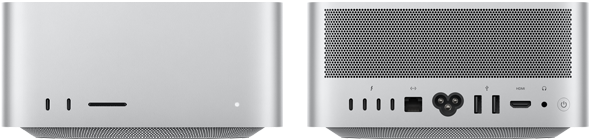 Mac Studio, front, two USB-C ports, SDXC card slot, status indicator light, tapered base at bottom, flat top, rounded sides, straight edges, silver colour, Mac Studio, back, perforated aluminium exhaust, four Thunderbolt 5 ports, one Ethernet, one power socket, two USB-A, one HDMI, one headphone jack, and power button