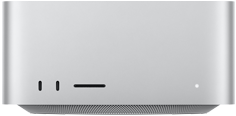 Mac Studio, front, two USB-C ports, SDXC card slot, status indicator light, tapered base at bottom, flat top, rounded sides, straight edges, silver colour, Mac Studio, back, perforated aluminium exhaust, four Thunderbolt 5 ports, one Ethernet, one power socket, two USB-A, one HDMI, one headphone jack, and power button