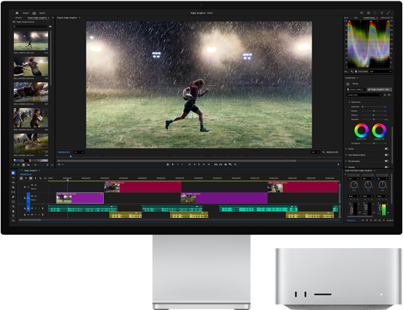 Studio Display XDR with built-in stand, Mac Studio fits neatly under screen, video editing and colour grading tools workflow on screen