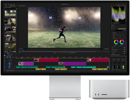Studio Display XDR with built-in stand, Mac Studio fits neatly under screen, video editing and colour grading tools workflow on screen