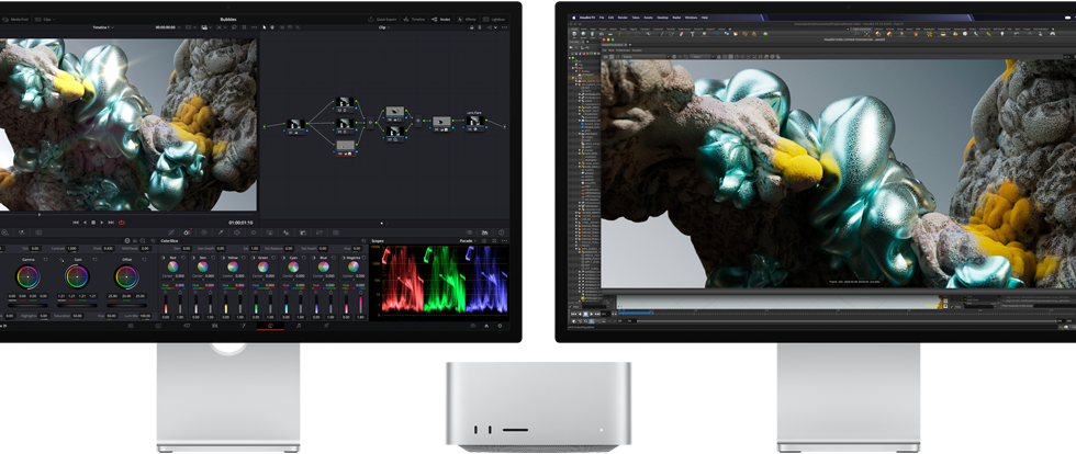 Studio Display monitor and Studio Display XDR monitor, one each on either side of Mac Studio, displaying artist workspace, 3D model software and tools