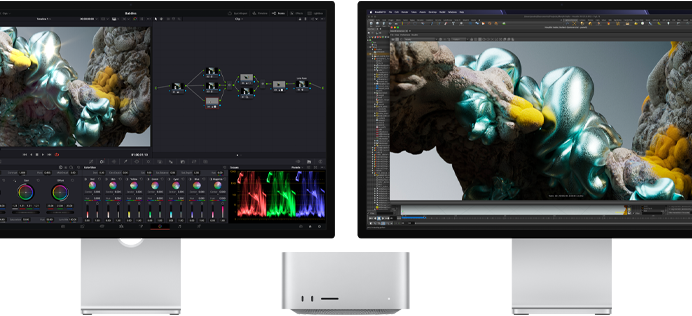 Studio Display monitor and Studio Display XDR monitor, one each on either side of Mac Studio, displaying artist workspace, 3D model software and tools