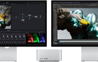 Studio Display monitor and Studio Display XDR monitor, one each on either side of Mac Studio, displaying artist workspace, 3D model software and tools
