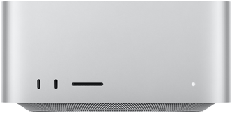 Mac Studio, front, two USB-C ports, SDXC card slot, status indicator light, tapered base at bottom, flat top, rounded sides, straight edges, silver