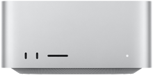 Mac Studio, front, two USB-C ports, SDXC card slot, status indicator light, tapered base at bottom, flat top, rounded sides, straight edges, silver