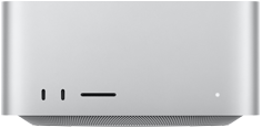 Mac Studio, front, two USB-C ports, SDXC card slot, status indicator light, tapered base at bottom, flat top, rounded sides, straight edges, silver