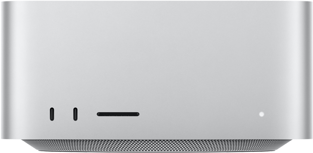 Mac Studio, front, two USB-C ports, SDXC card slot, status indicator light, tapered base at bottom, flat top, rounded sides, straight edges, silver colour