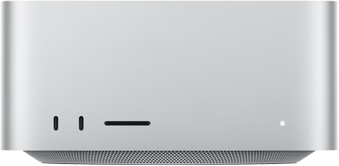 Mac Studio, front, two USB-C ports, SDXC card slot, status indicator light, tapered base at bottom, flat top, rounded sides, straight edges, silver colour