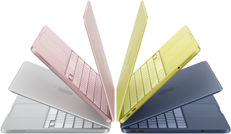 MacBook Neo laptops in silver, blush, citrus and indigo colours, slightly open and arranged in an arch formation