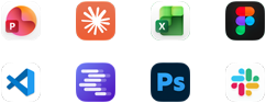 App icons for Microsoft PowerPoint, Claude by Anthropic, Microsoft Excel, Figma, Visual Studio Code, LM Studio, Adobe Photoshop and Slack