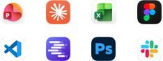 App icons for Microsoft PowerPoint, Claude by Anthropic, Microsoft Excel, Figma, Visual Studio Code, LM Studio, Adobe Photoshop and Slack