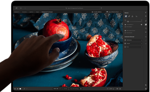 MacBook Pro with PROLED XDR Display with a still life image of pomegranates with blue ceramics and textiles, a hand reaches towards the screen to interact with the art