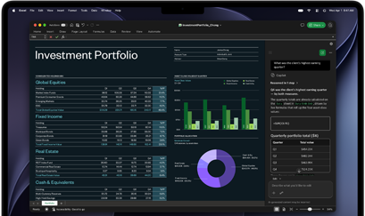 MacBook Pro screen showing Excel spreadsheet with investment portfolio data, green bar chart, purple doughnut chart and Copilot sidebar with quarterly totals