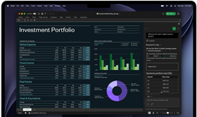 MacBook Pro screen showing Excel spreadsheet with investment portfolio data, green bar chart, purple doughnut chart and Copilot sidebar with quarterly totals