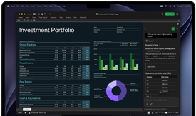 MacBook Pro screen showing Excel spreadsheet with investment portfolio data, green bar chart, purple doughnut chart and Copilot sidebar with quarterly totals