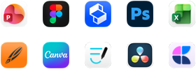 Ten app icons in two rows: PowerPoint, Figma, Shapr3D, Photoshop, Excel, Linearity, Canva, GoodNotes, DaVinci Resolve, Craft
