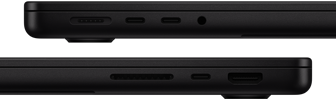Showing the ports on MacBook Pro, left side: MagSafe, two Thunderbolt ports and headphone jack, right side: SDXC, one Thunderbolt port and HDMI
