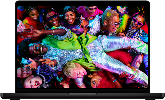 Colourful screen on a MacBook Pro of a person crowd-surfing at a party, showcasing the vibrant Liquid Retina XDR display
